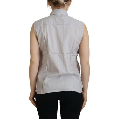 Ferre Light Gray Stripes Cotton Sleeveless Collared Top