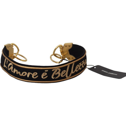 Dolce & Gabbana Black Gold Logo Print Brass Bag Shoulder Strap 10% Lamb Leather,12% Nylon,13% Lurex,1728,67345645728,Bags,Dolce & Gabbana,Gold Black,Leather Accessories - Women - Bags,Material: 65% Polyester,New with tags,Shoulder Straps - Bags,Women,Wome