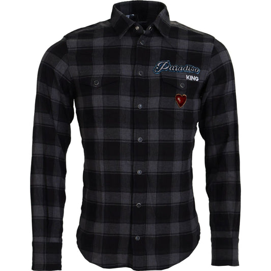 Dolce & Gabbana Black Gray Check Men Long Sleeves Shirt