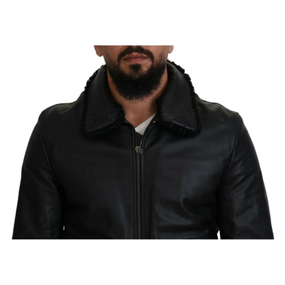 Dolce & Gabbana Black Lamb Leather Collared Men Coat Jacket