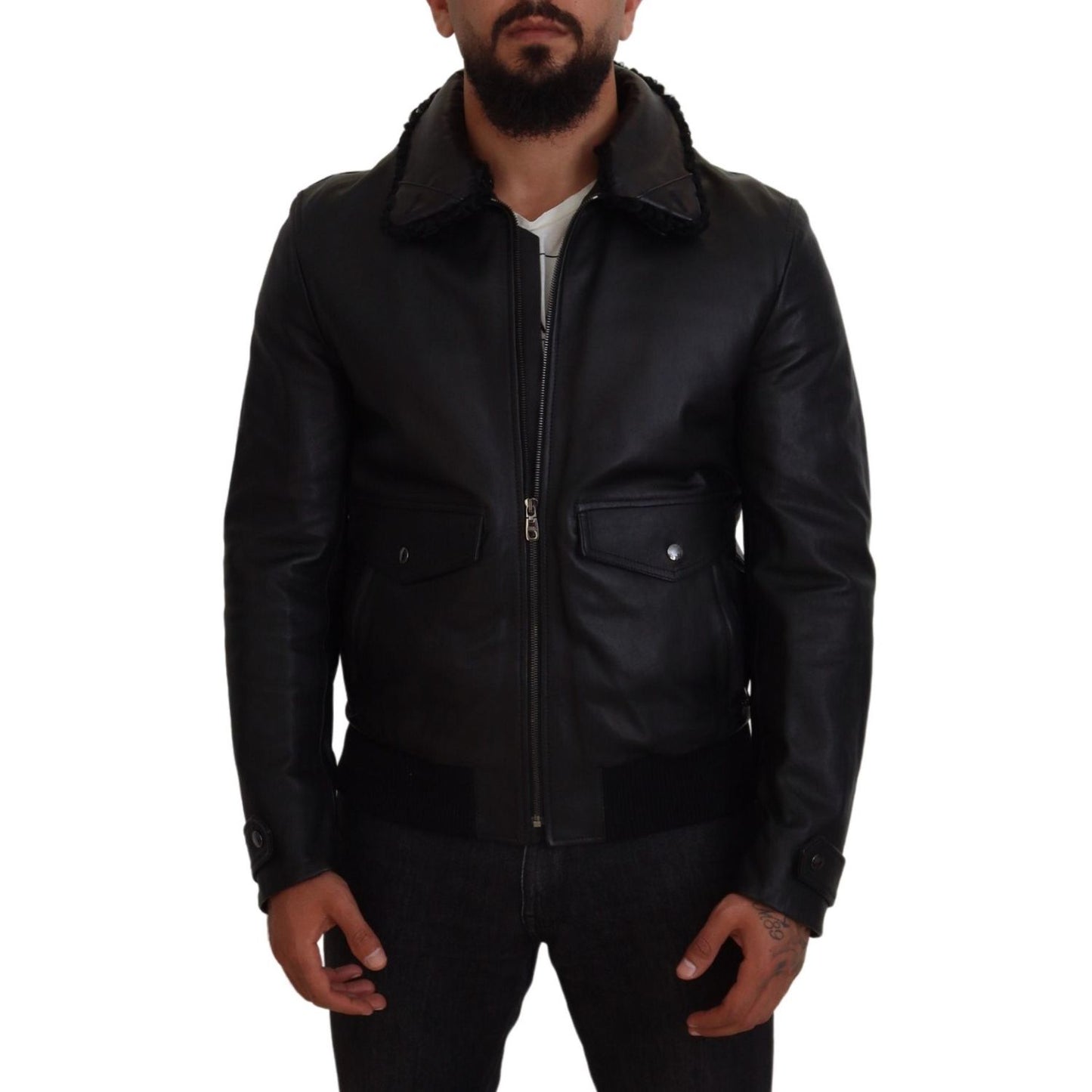 Dolce & Gabbana Black Lamb Leather Collared Men Coat Jacket