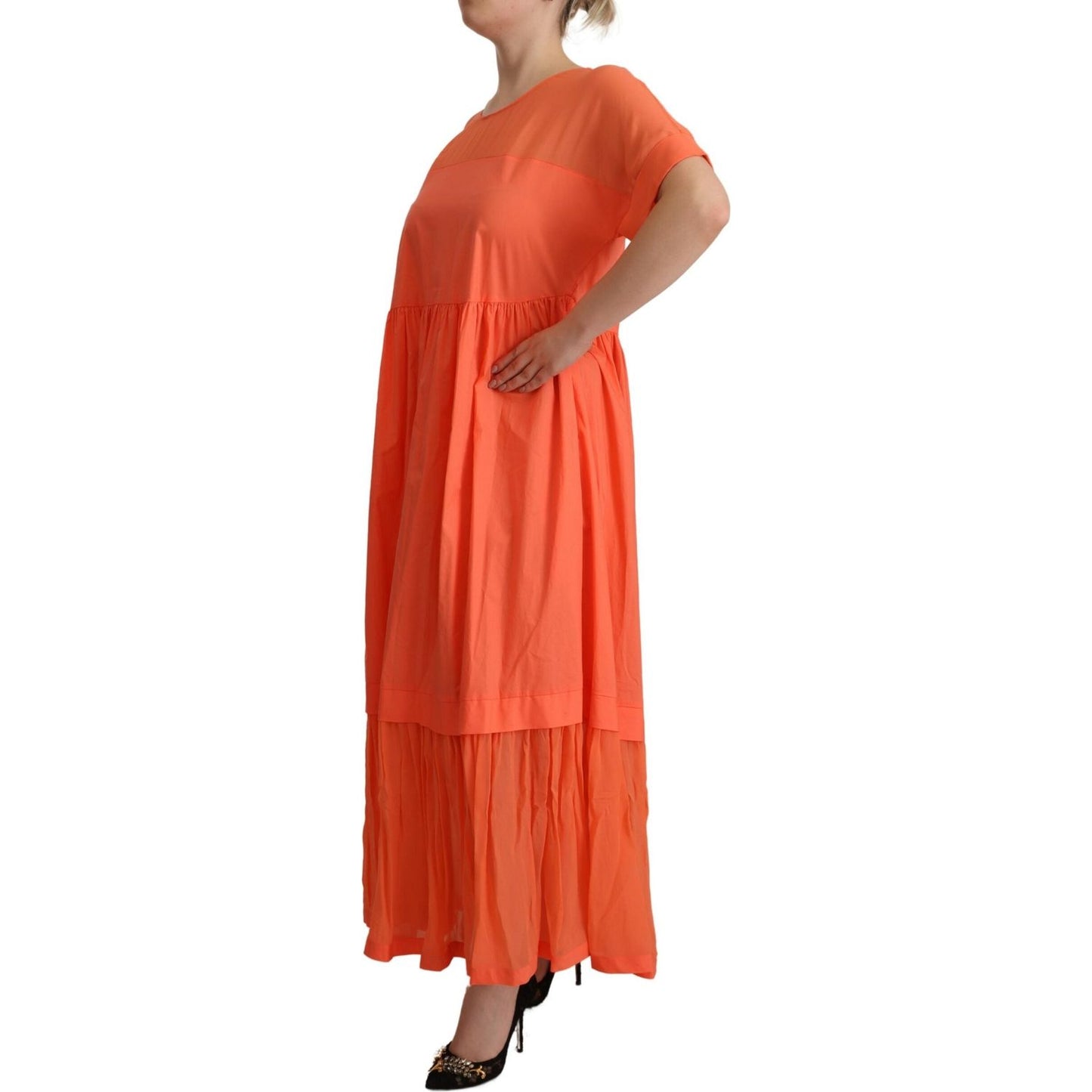 Twinset Elegant Coral Maxi Dress with Short Sleeves Twinset