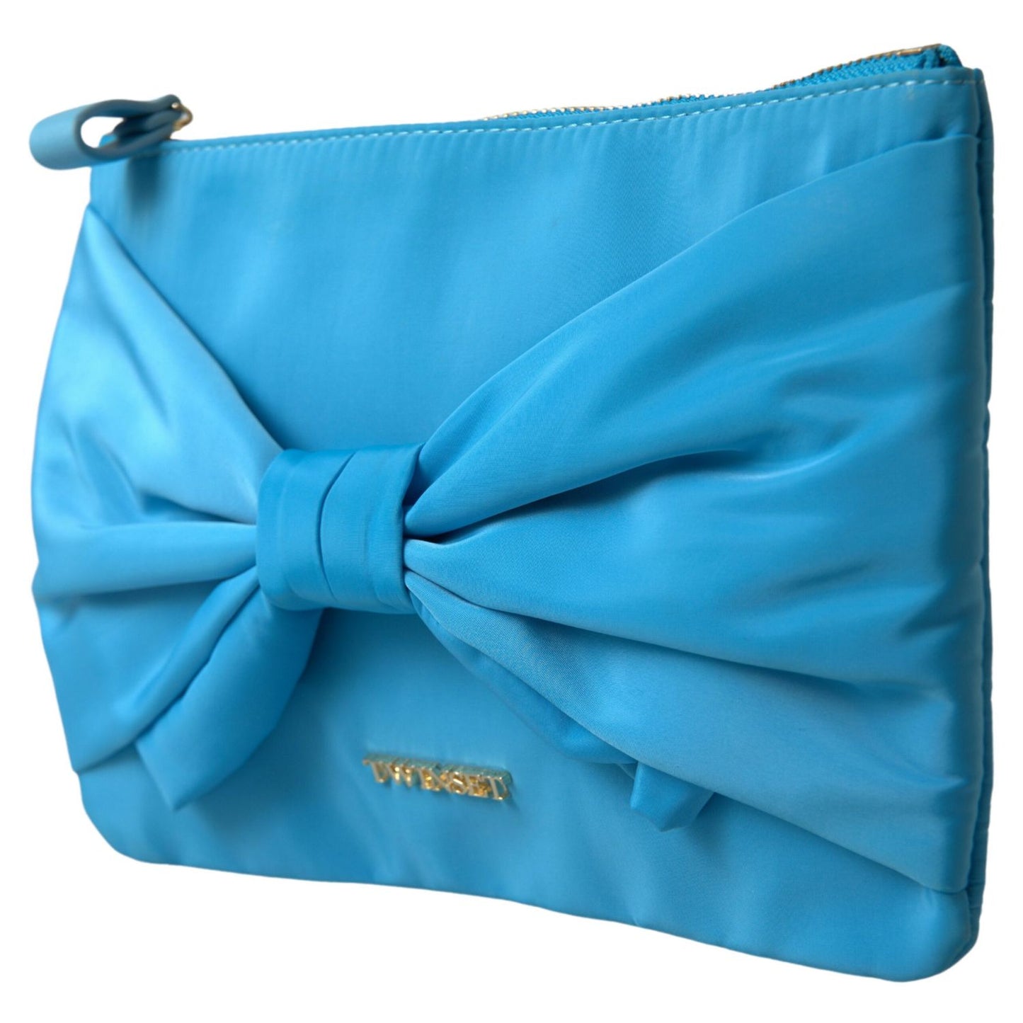 Twinset Blue Tafta Silk Large Bow Zipper Clutch Women Borse Logo Bag Twinset