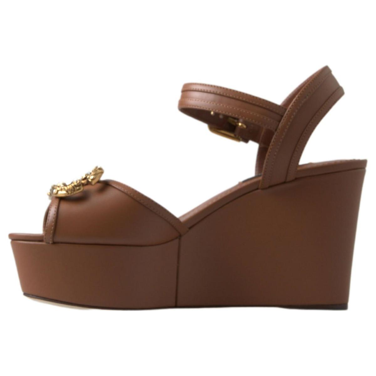 Dolce & Gabbana Chic Brown Leather Ankle Strap Wedges Dolce & Gabbana