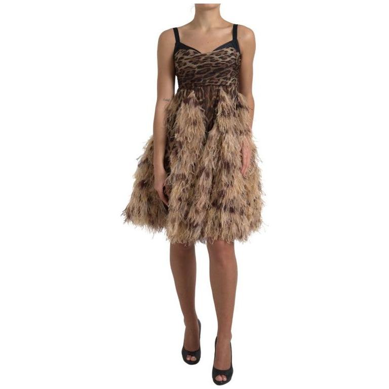 Dolce & Gabbana Sleeveless Leopard Chiffon Ostrich-Feather Dress Dolce & Gabbana