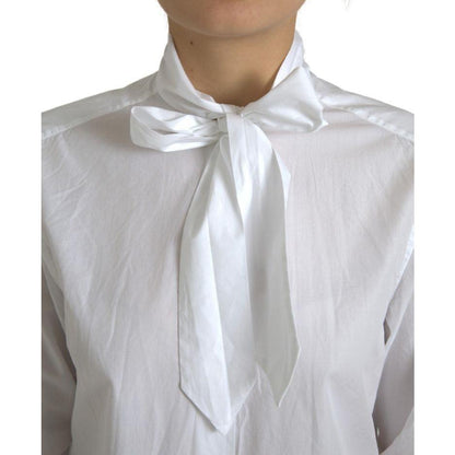 Dolce & Gabbana White Cotton Ascot Collar Long Sleeves Top