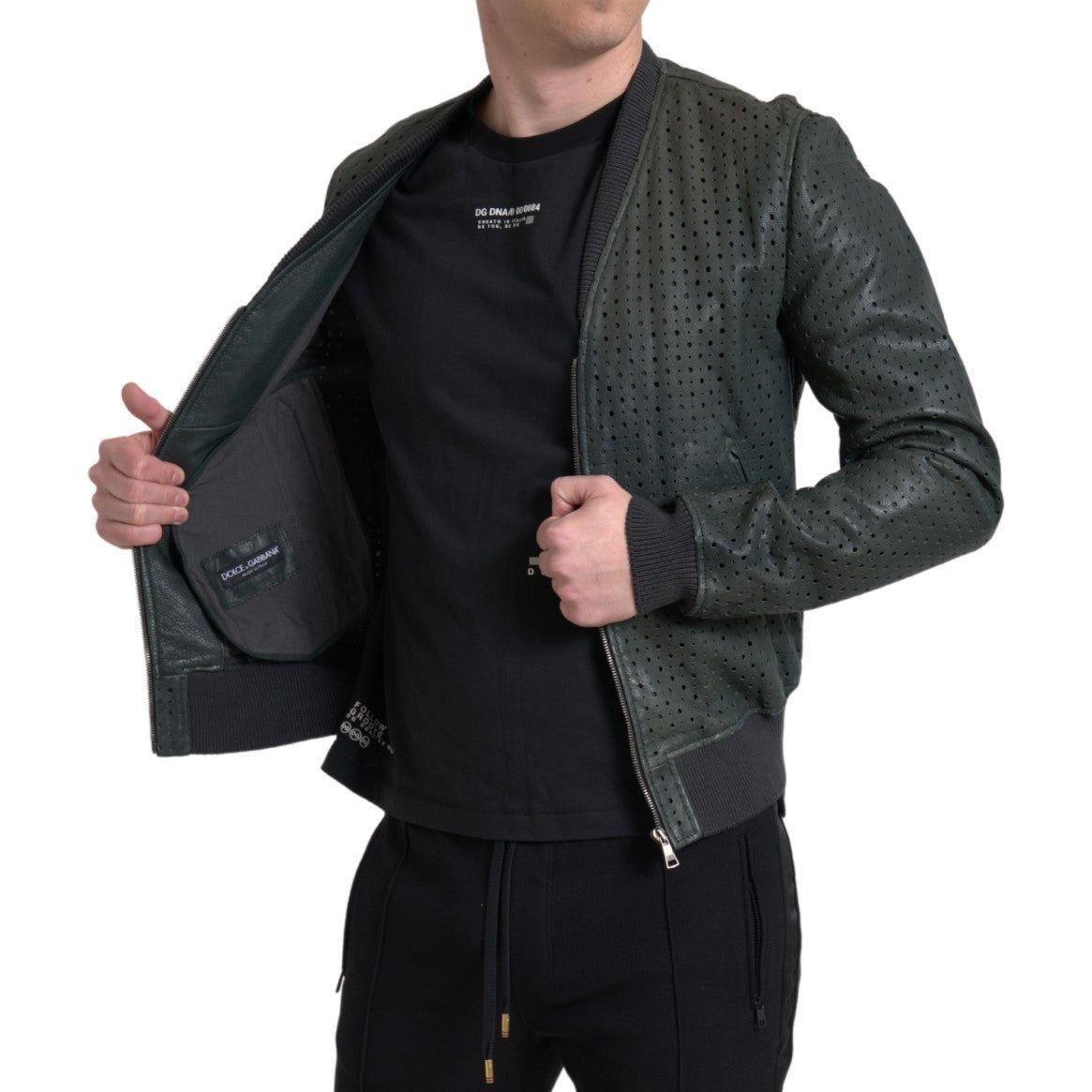 Dolce & Gabbana Green Perforated Leather Bomber Jacket