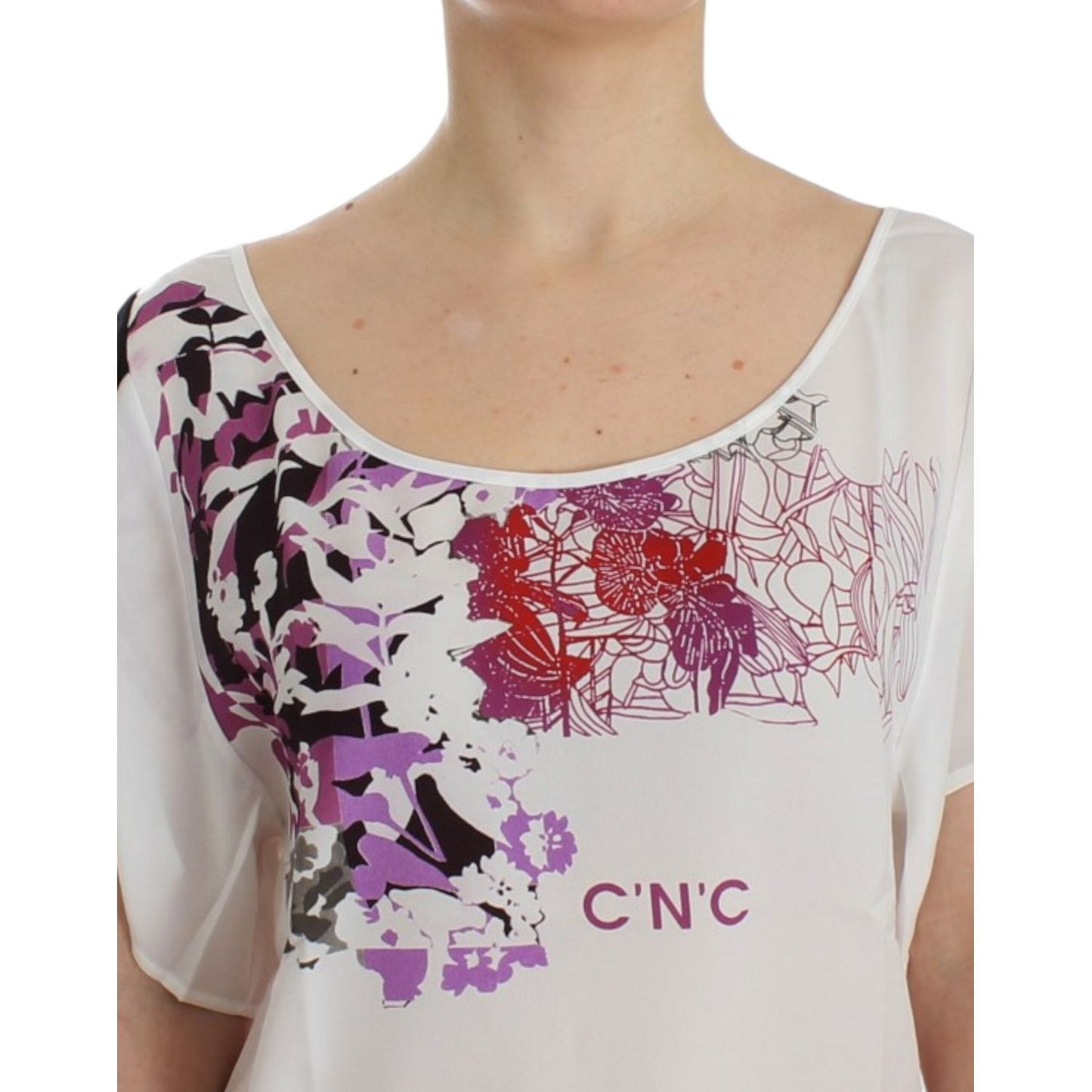 Costume National Chic White V-Neck Motive Print Tee Costume National