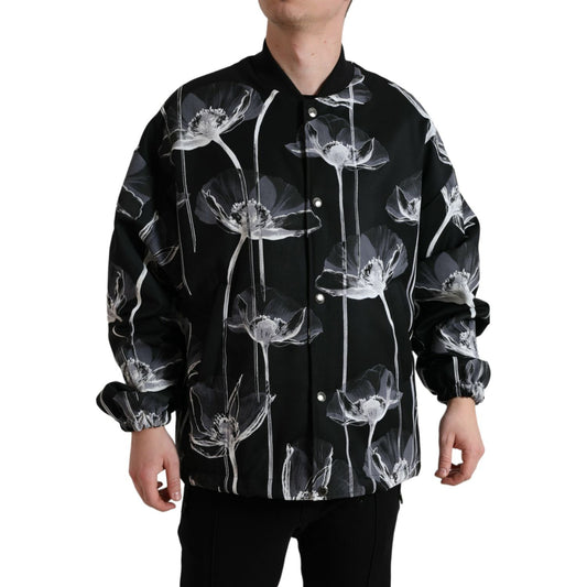 Dolce & Gabbana Black Floral Print Wool Button Down Bomber Jacket 1728,67345645728,Black,Bombers - Jackets & Coats - Clothing,Clothing,Dolce & Gabbana,IT54 | XL,Jackets & Coats - Clothing,Jackets - Men - Clothing,Material: 100% Virgin Wool,Men,Men - Cloth