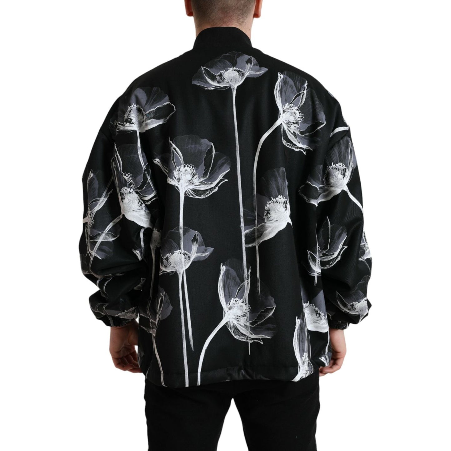Dolce & Gabbana Black Floral Print Wool Button Down Bomber Jacket 1728,67345645728,Black,Bombers - Jackets & Coats - Clothing,Clothing,Dolce & Gabbana,IT54 | XL,Jackets & Coats - Clothing,Jackets - Men - Clothing,Material: 100% Virgin Wool,Men,Men - Cloth