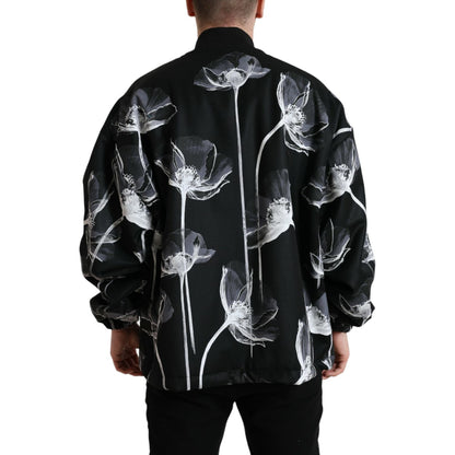 Dolce & Gabbana Black Floral Print Wool Button Down Bomber Jacket 1728,67345645728,Black,Bombers - Jackets & Coats - Clothing,Clothing,Dolce & Gabbana,IT54 | XL,Jackets & Coats - Clothing,Jackets - Men - Clothing,Material: 100% Virgin Wool,Men,Men - Cloth