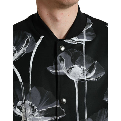 Dolce & Gabbana Black Floral Print Wool Button Down Bomber Jacket 1728,67345645728,Black,Bombers - Jackets & Coats - Clothing,Clothing,Dolce & Gabbana,IT54 | XL,Jackets & Coats - Clothing,Jackets - Men - Clothing,Material: 100% Virgin Wool,Men,Men - Cloth