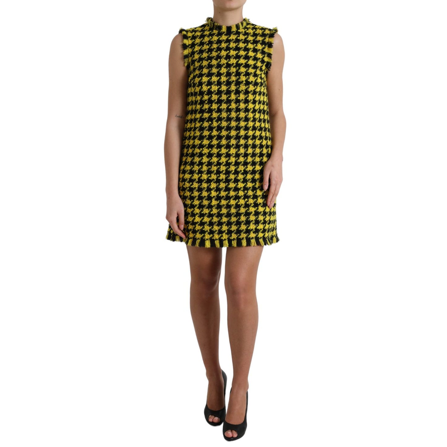 Dolce & Gabbana Yellow Houndstooth Sleeveless Aline Mini Dress