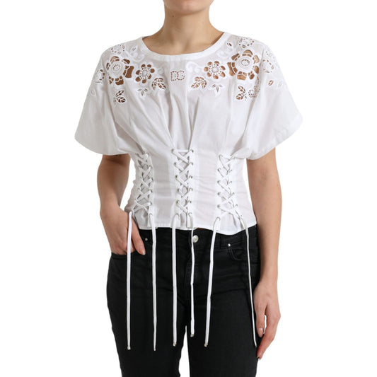 Dolce & Gabbana Elegant White Floral Lace-Up Blouse Dolce & Gabbana