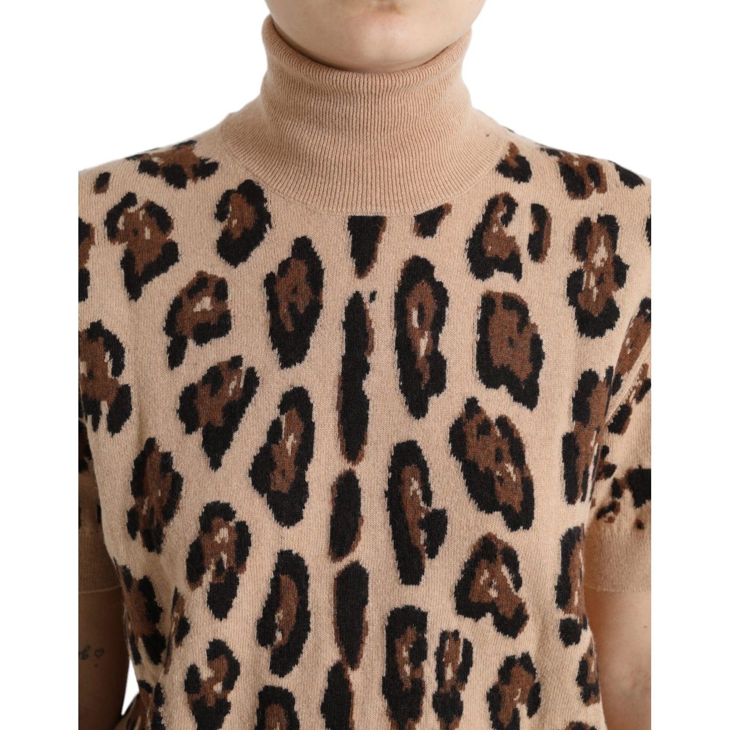 Dolce & Gabbana Elegant Beige Leopard Turtleneck Wool Top Dolce & Gabbana