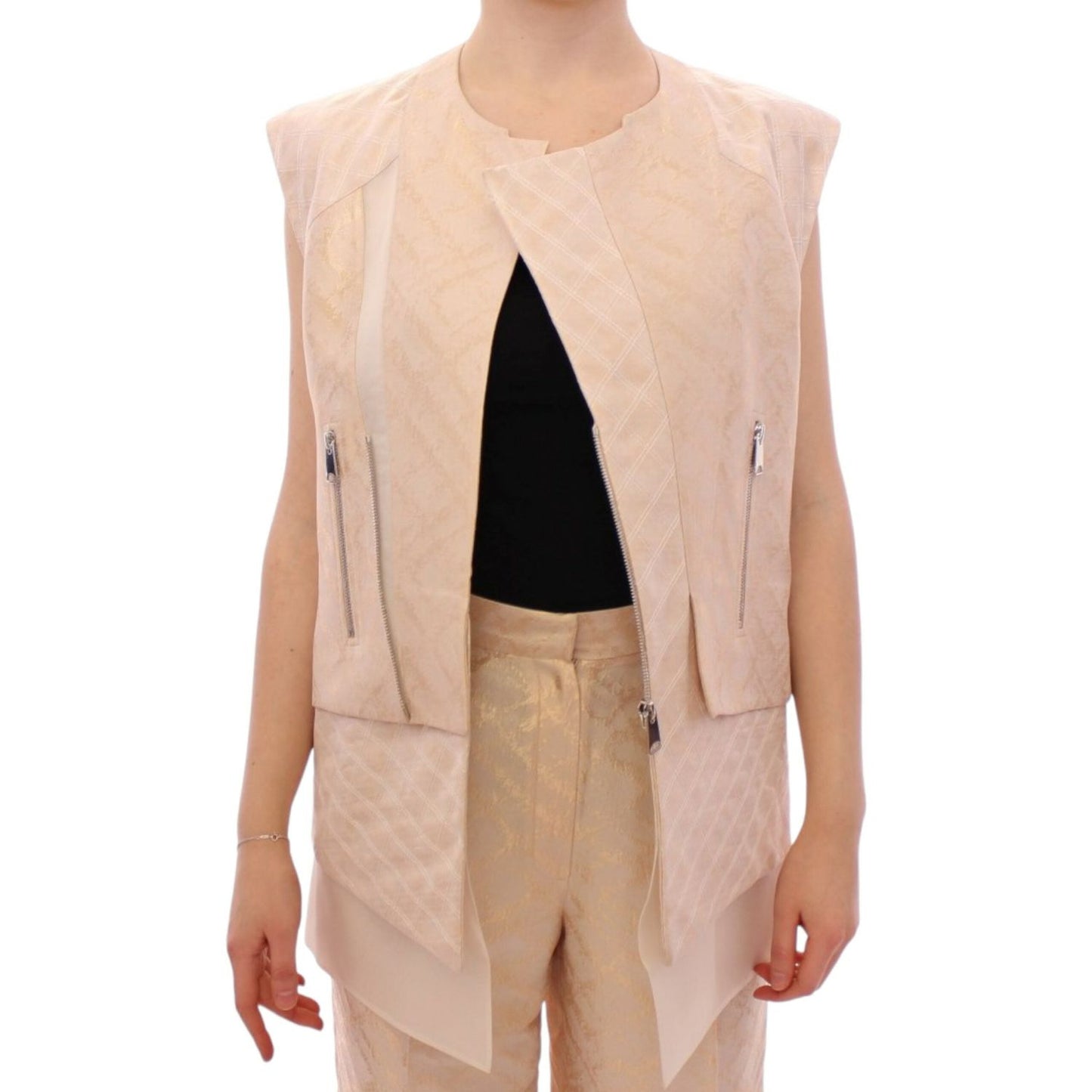 Zeyneptosun Beige brocade sleeveless jacket Zeyneptosun