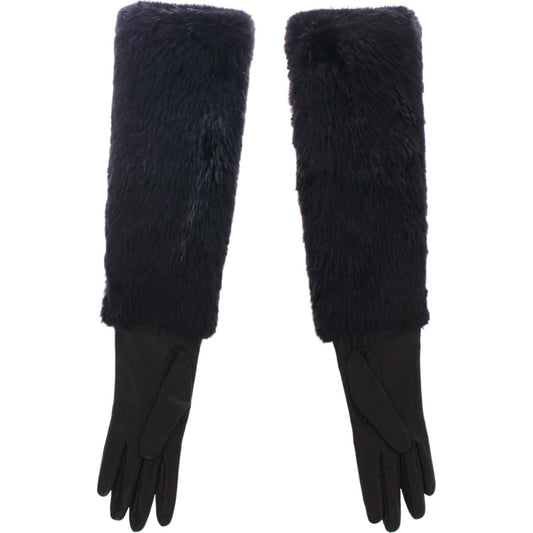 Dolce & Gabbana Black Beaver Fur Lambskin Leather Elbow Gloves Dolce & Gabbana