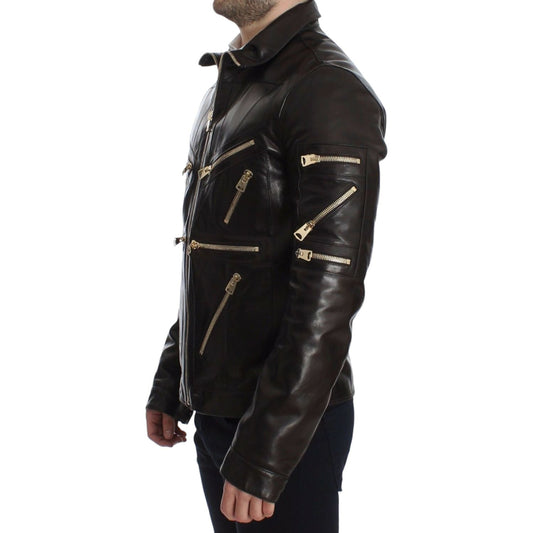 Elegant Brown Gold-Detailed Leather Jacket