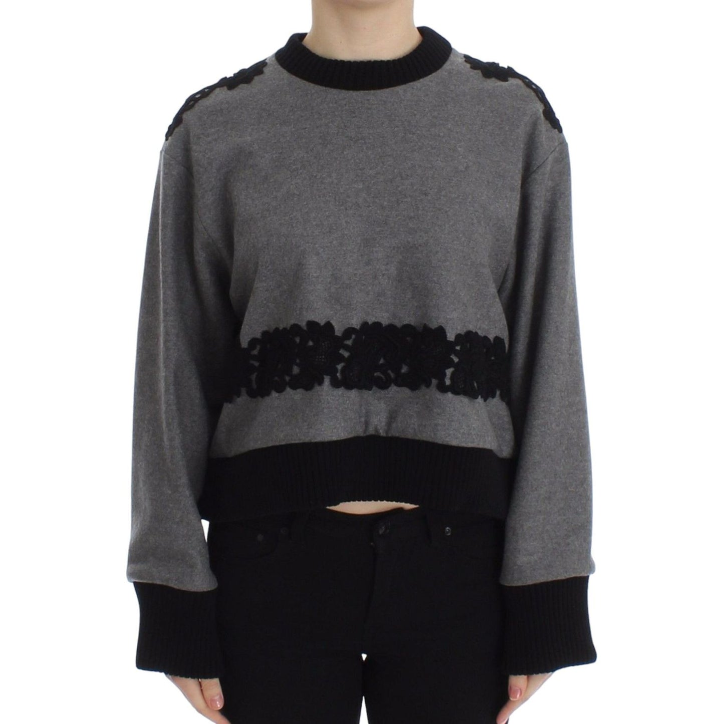 Dolce & Gabbana Gray Black Lace Wool Cashmere Sweater 1728,37% Cashmere,53% Wool,67345645728,Cashmere - Sweaters - Clothing,Clothing,Dolce & Gabbana,Gray,IT44|L,Material: 10% Cotton,New with tags,Sweaters - Clothing,Sweaters - Women - Clothing,Sweatshirts