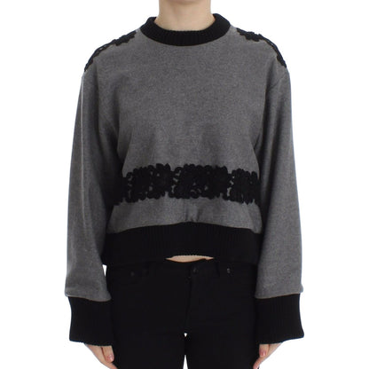 Dolce & Gabbana Gray Black Lace Wool Cashmere Sweater 1728,37% Cashmere,53% Wool,67345645728,Cashmere - Sweaters - Clothing,Clothing,Dolce & Gabbana,Gray,IT44|L,Material: 10% Cotton,New with tags,Sweaters - Clothing,Sweaters - Women - Clothing,Sweatshirts
