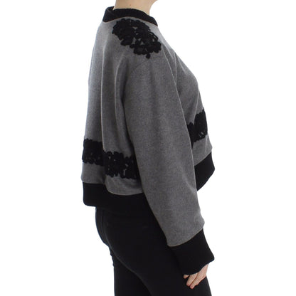 Dolce & Gabbana Gray Black Lace Wool Cashmere Sweater 1728,37% Cashmere,53% Wool,67345645728,Cashmere - Sweaters - Clothing,Clothing,Dolce & Gabbana,Gray,IT44|L,Material: 10% Cotton,New with tags,Sweaters - Clothing,Sweaters - Women - Clothing,Sweatshirts
