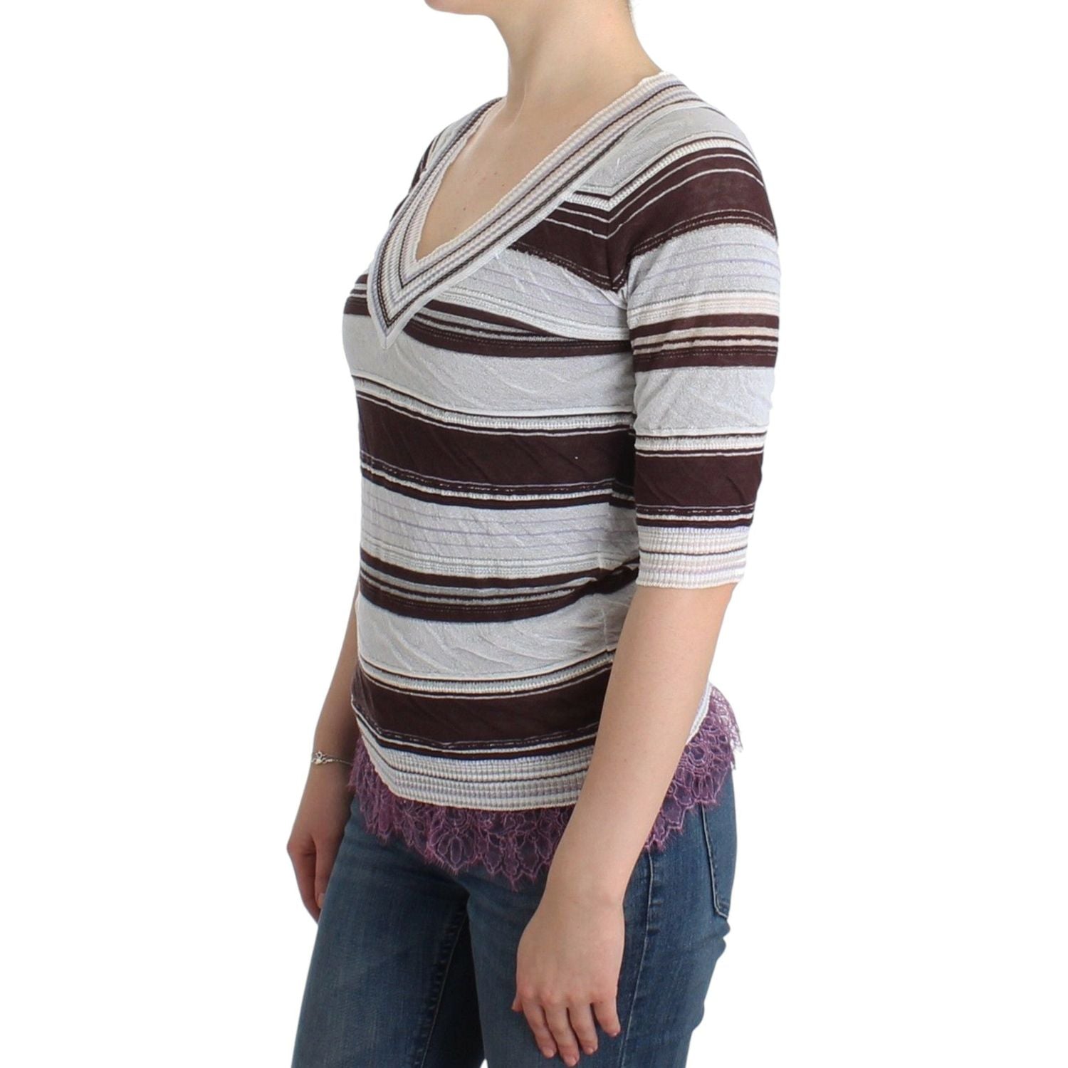Ermanno Scervino Striped Lace V-Neck Short Sleeve Top Sweater