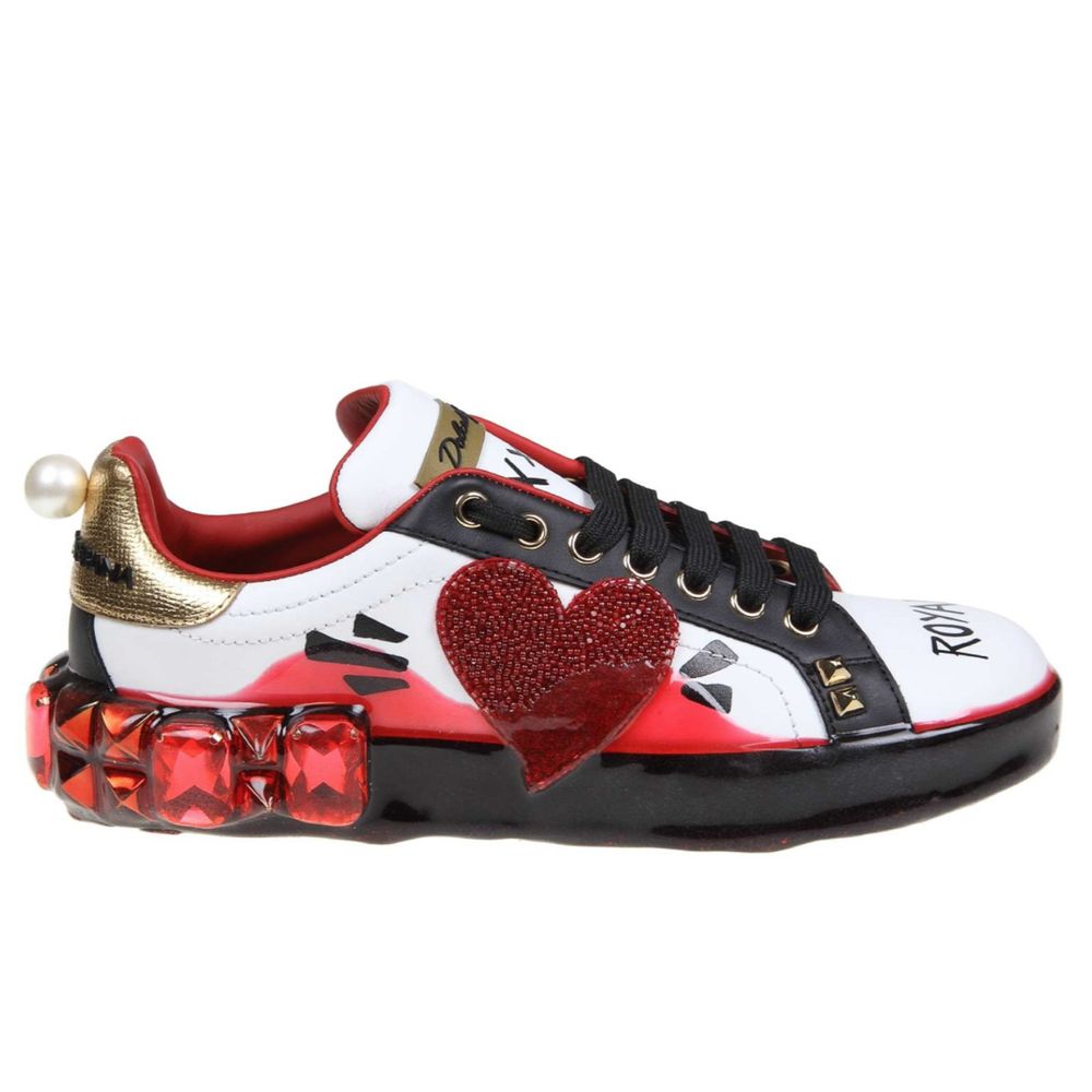 Dolce & Gabbana White Calfskin Women Sneaker with Heart-Shaped Rhinestone Detail Dolce & Gabbana