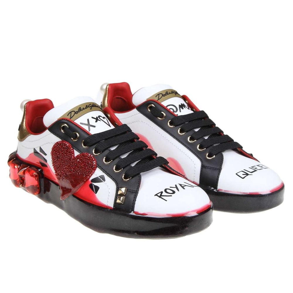 Dolce & Gabbana White Calfskin Women Sneaker with Heart-Shaped Rhinestone Detail Dolce & Gabbana