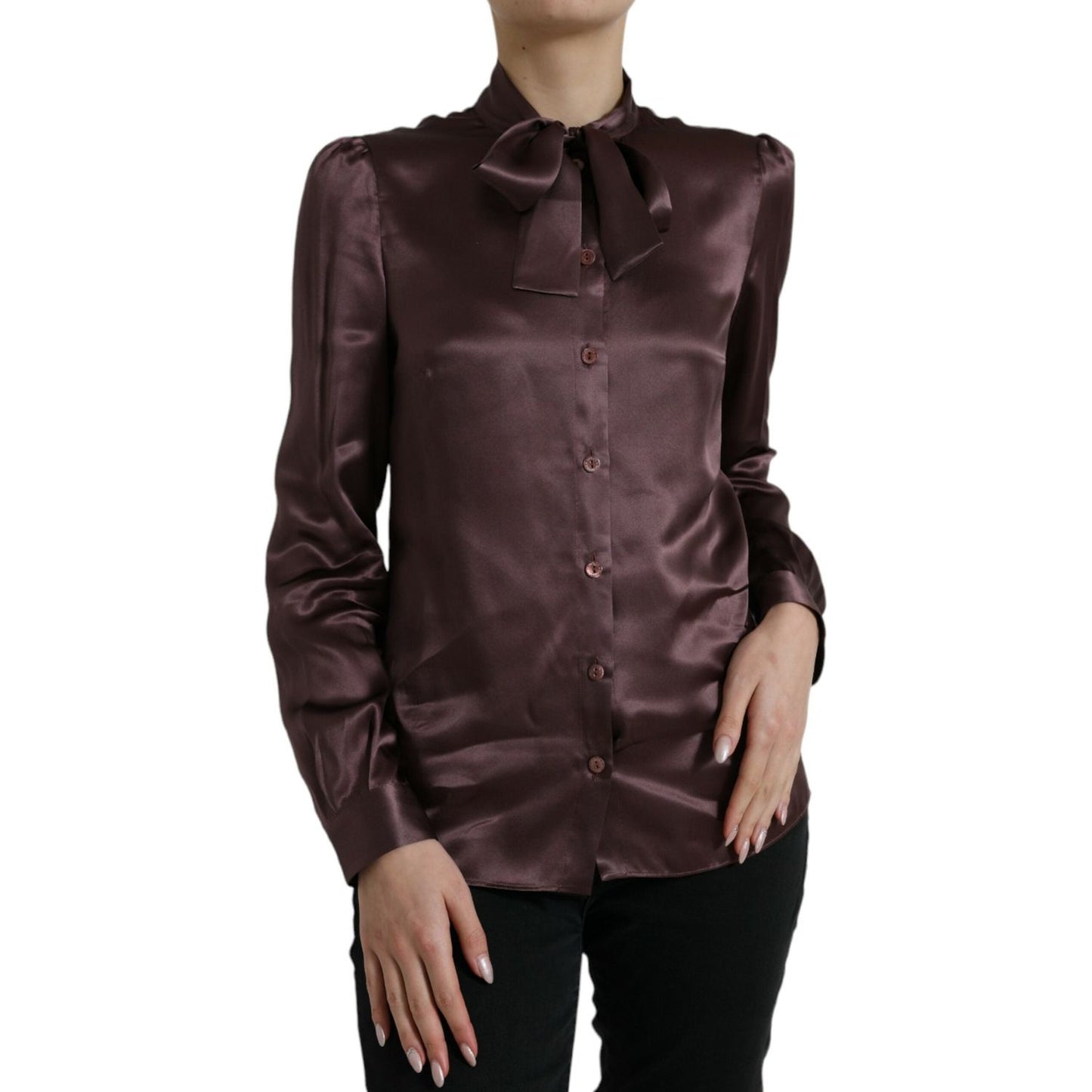 Dolce & Gabbana Brown Silk Ascot Collar Long Sleeve Blouse Top