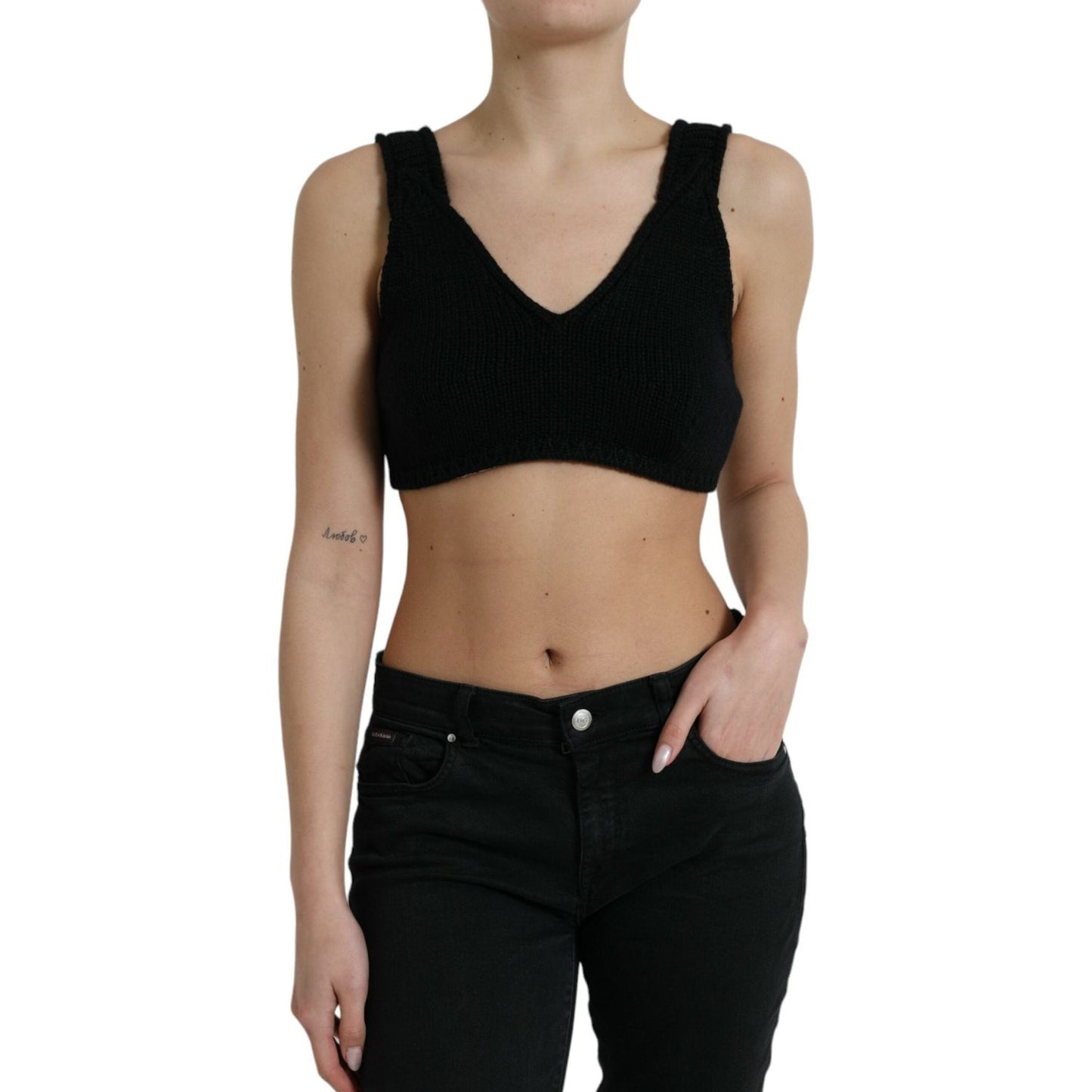 Dolce & Gabbana Black Cropped Cashmere V-neck Bustier Top