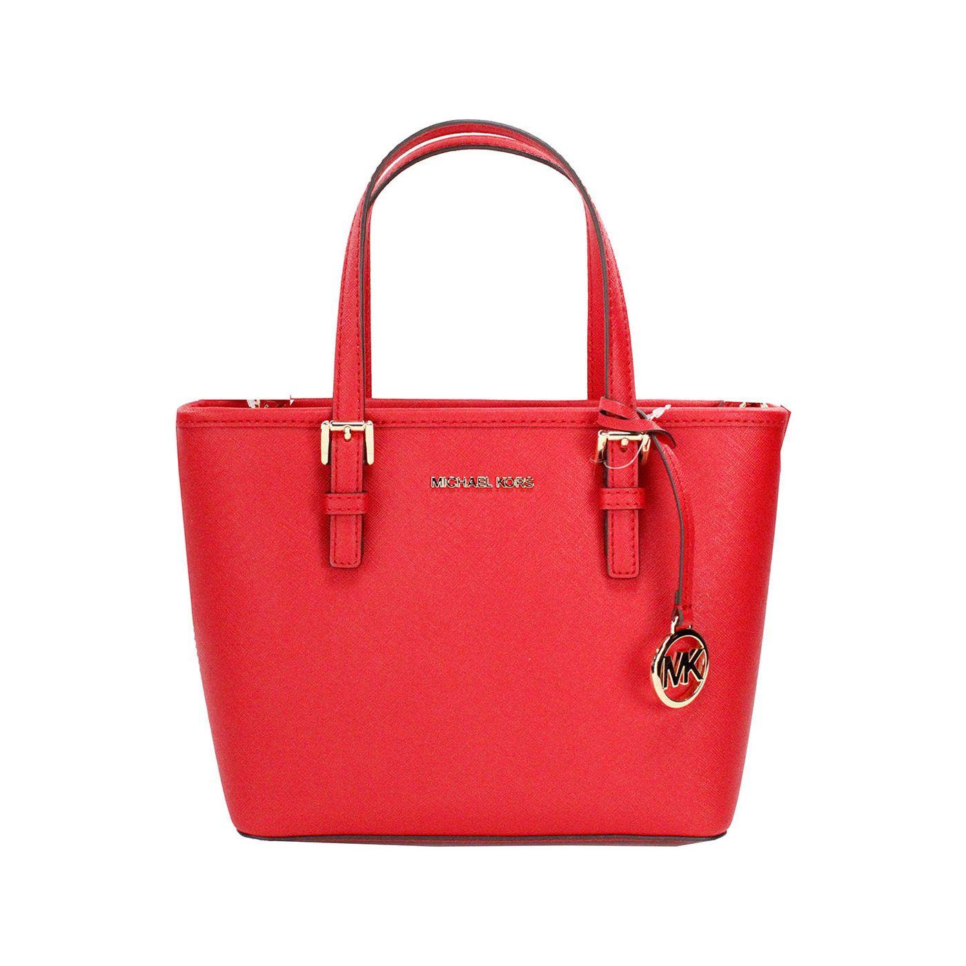 Michael Kors Jet Set Bright Red Leather XS Carryall Top Zip Tote Bag Purse Michael Kors