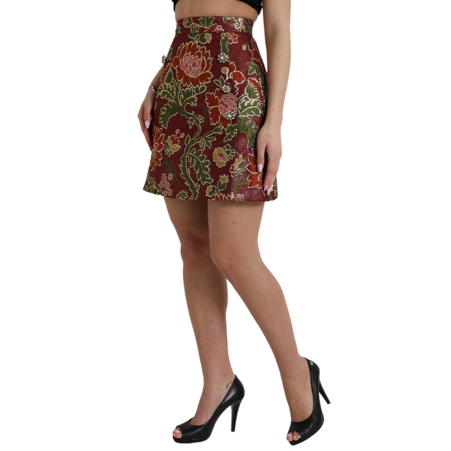 Dolce & Gabbana Maroon Floral Jacquard A-line Mini Skirt