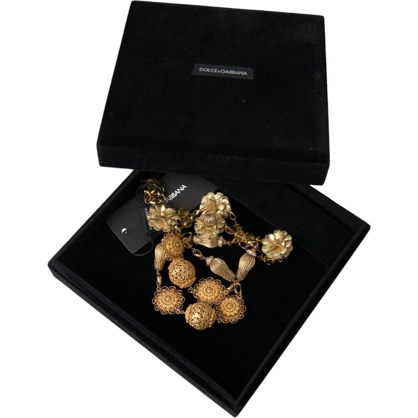 Dolce & Gabbana Crystal Flower Filigree Gold Brass Statement Necklace Necklace Dolce & Gabbana