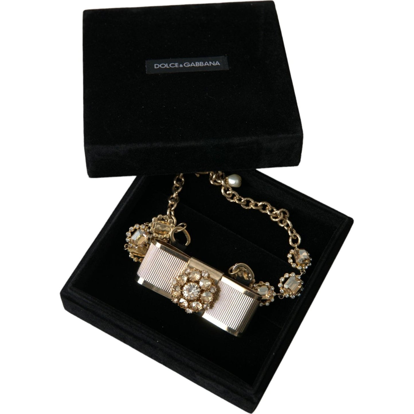 Dolce & Gabbana Gold Brass Clear Crystal Bow Chain Choker Necklace Necklace Dolce & Gabbana