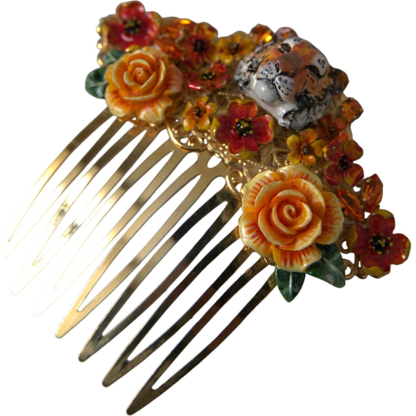 Dolce & Gabbana Gold Brass Crystal Leopard Floral Hair Comb Dolce & Gabbana