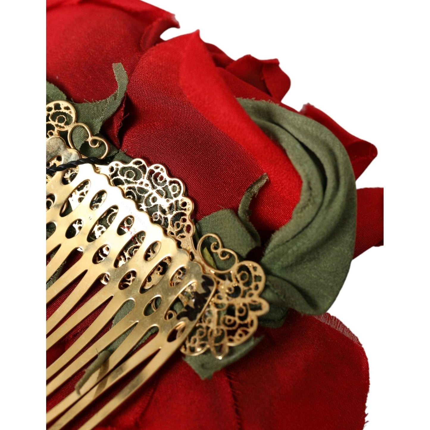 Dolce & Gabbana Red Silk Floral Gold Brass Women Hair Comb Dolce & Gabbana