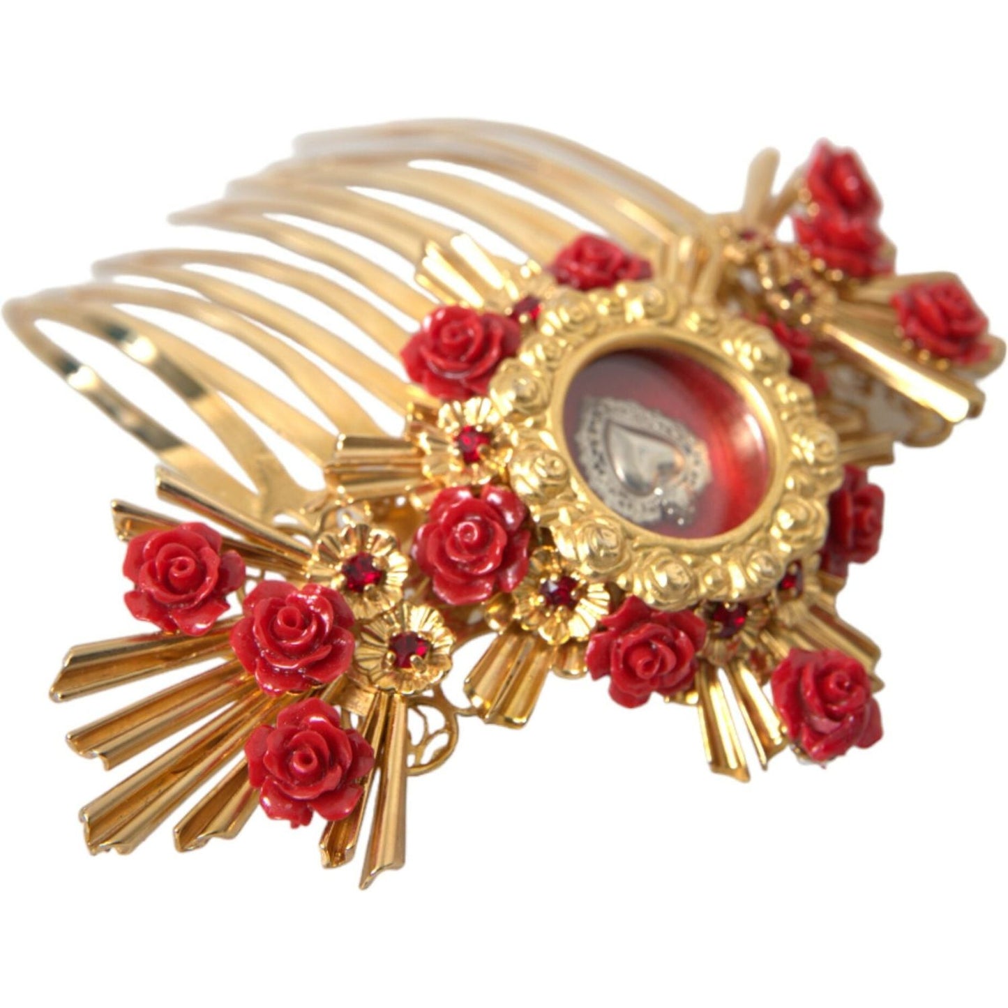 Dolce & Gabbana Gold Brass Crystal Heart Floral Hair Comb Dolce & Gabbana