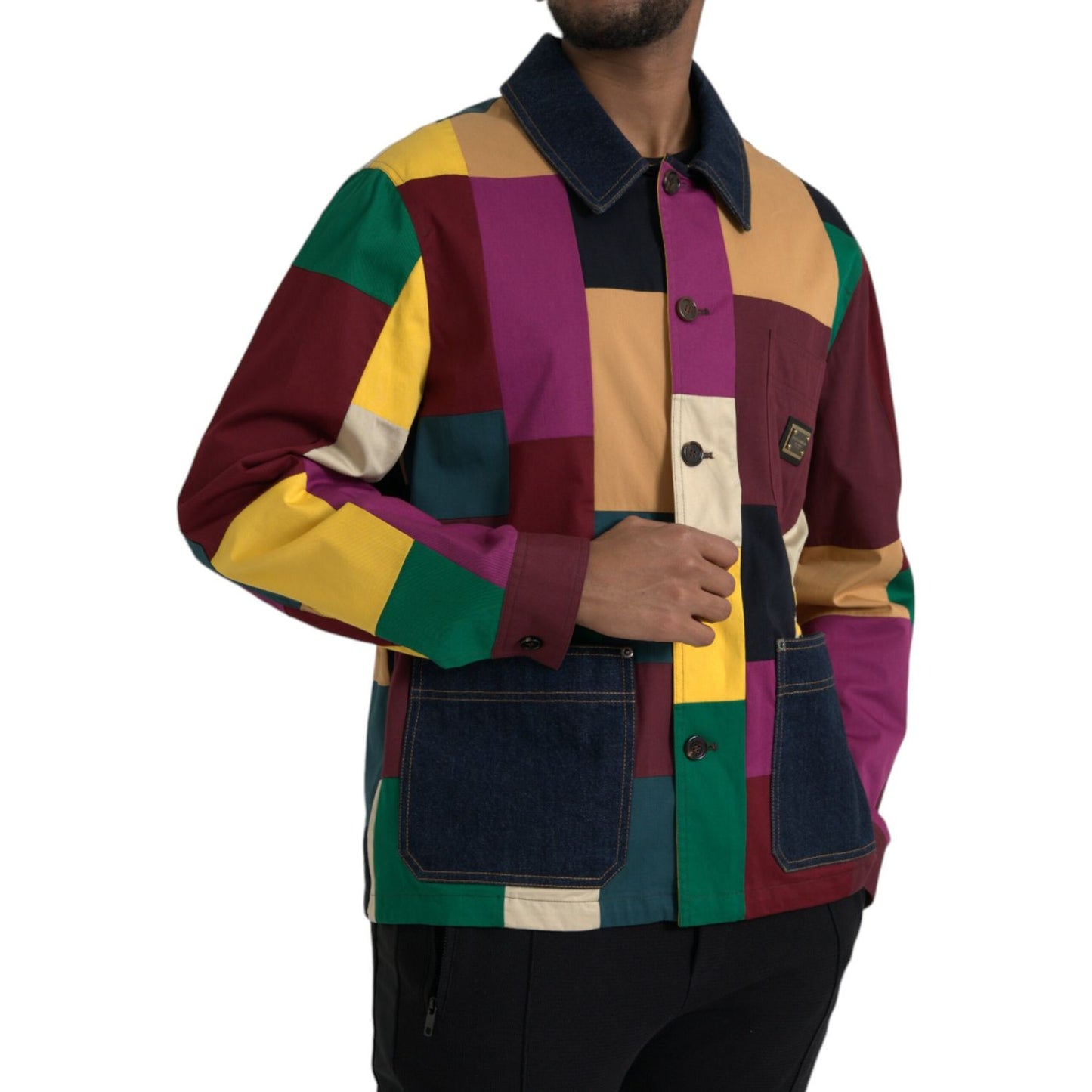 Dolce & Gabbana Multicolor Patchwork Cotton Collared Jacket 1728,67345645728,Clothing,Denim Jackets - Jackets & Coats - Clothing,Dolce & Gabbana,IT48 | M,Jackets & Coats - Clothing,Jackets - Men - Clothing,Material: 99% Cotton 1% Elastane,Men,Multicolor,N