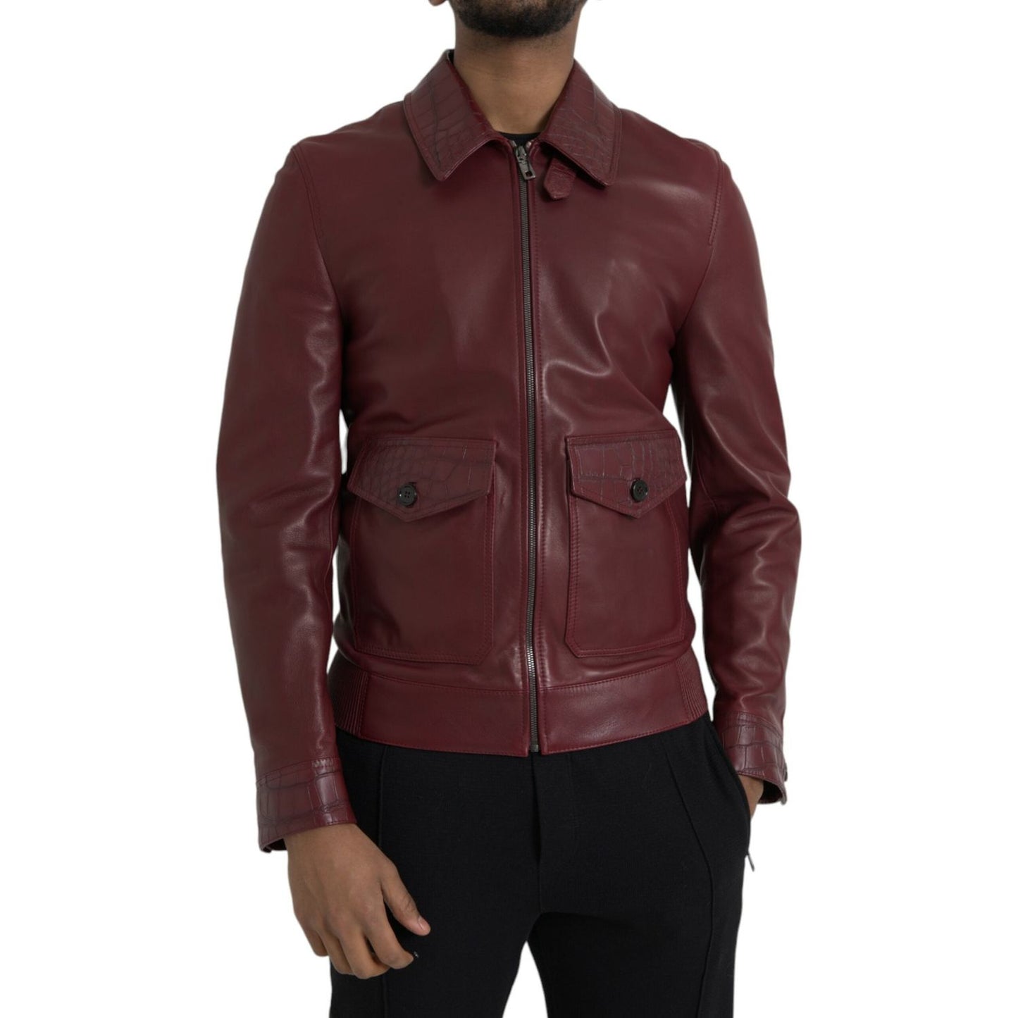 Dolce & Gabbana Maroon Exotic Leather Zip Biker Coat Jacket Dolce & Gabbana