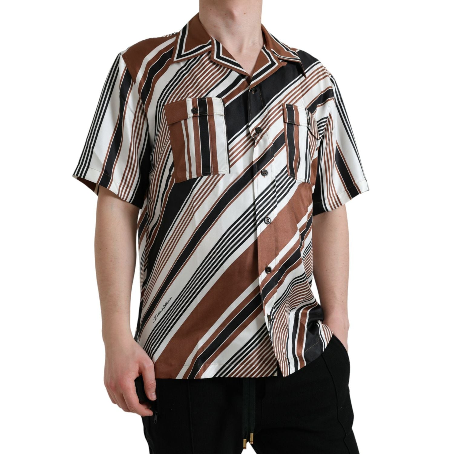 Dolce & Gabbana Brown White Silk Striped Short Sleeve Shirt
