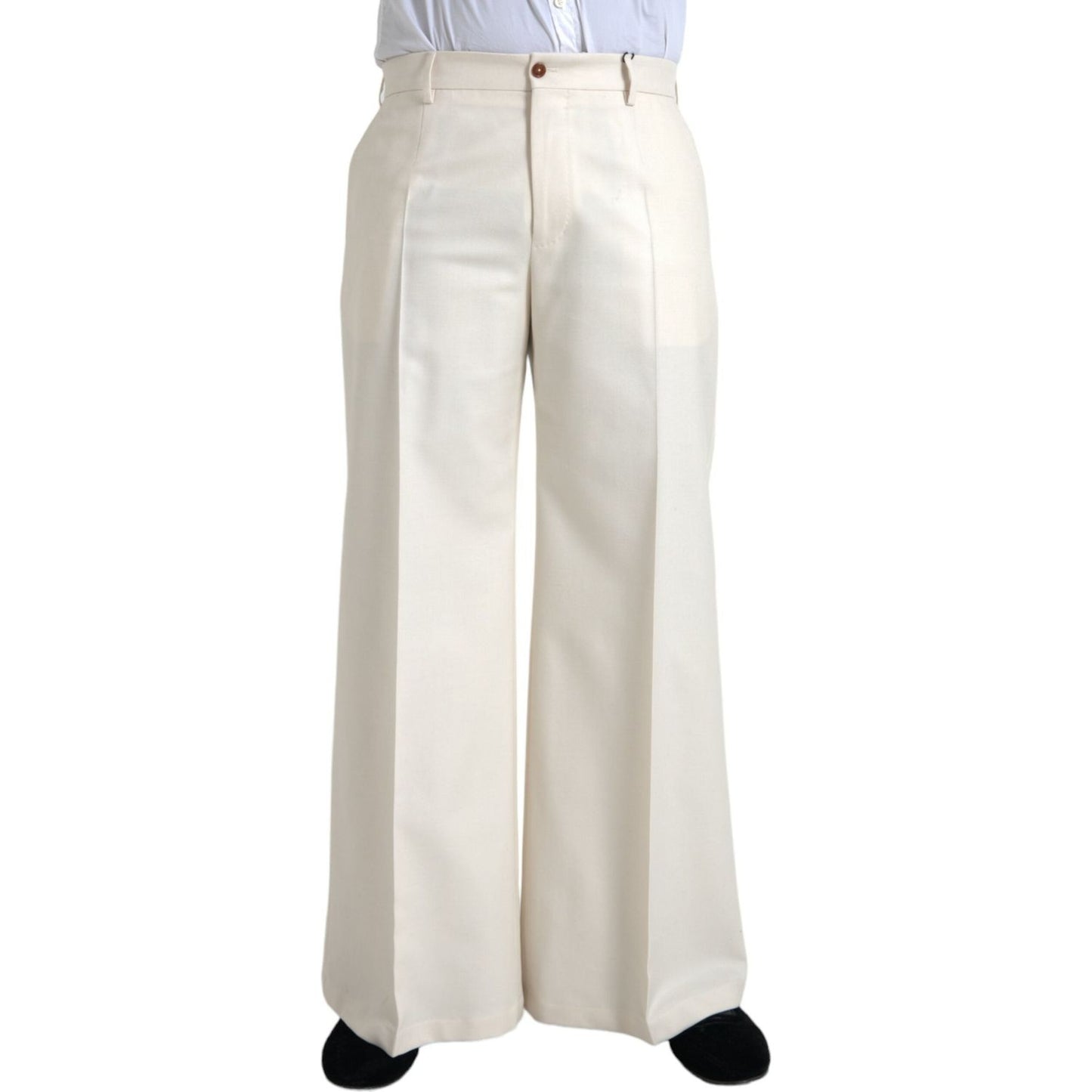 Dolce & Gabbana White Wool Wide Leg Mid Waist Pants Dolce & Gabbana