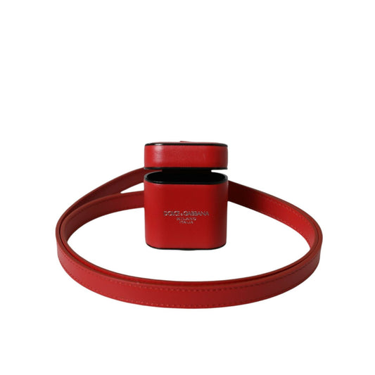 Dolce & Gabbana Red Calfskin Leather Logo Print Strap Men Airpods Case