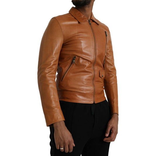 Brown Lamb Leather Full Zip Blouson Jacket