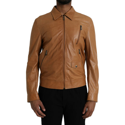 Brown Lamb Leather Full Zip Blouson Jacket