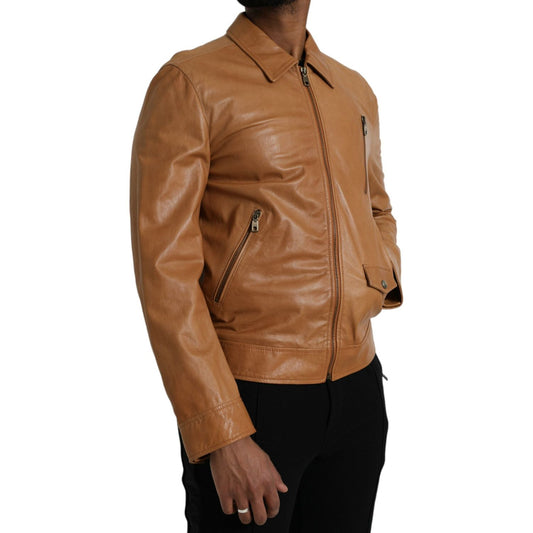 Brown Lamb Leather Full Zip Blouson Jacket