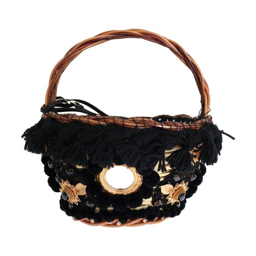 Dolce & Gabbana Beige Straw Snakeskin Pom Pom Crystal AGNESE Bag