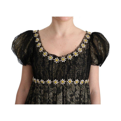 Dolce & Gabbana Black Yellow Crystal Lace Shift Dress
