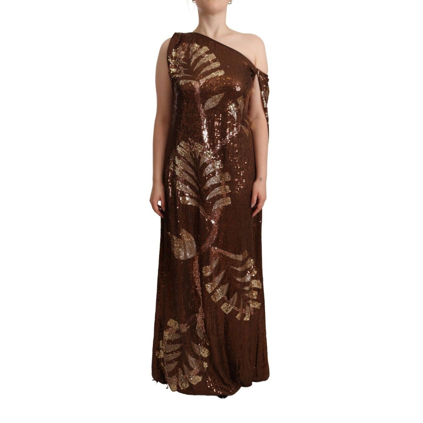Dsquared² Brown Leaf Sequined Shift One Shoulder Long Dress