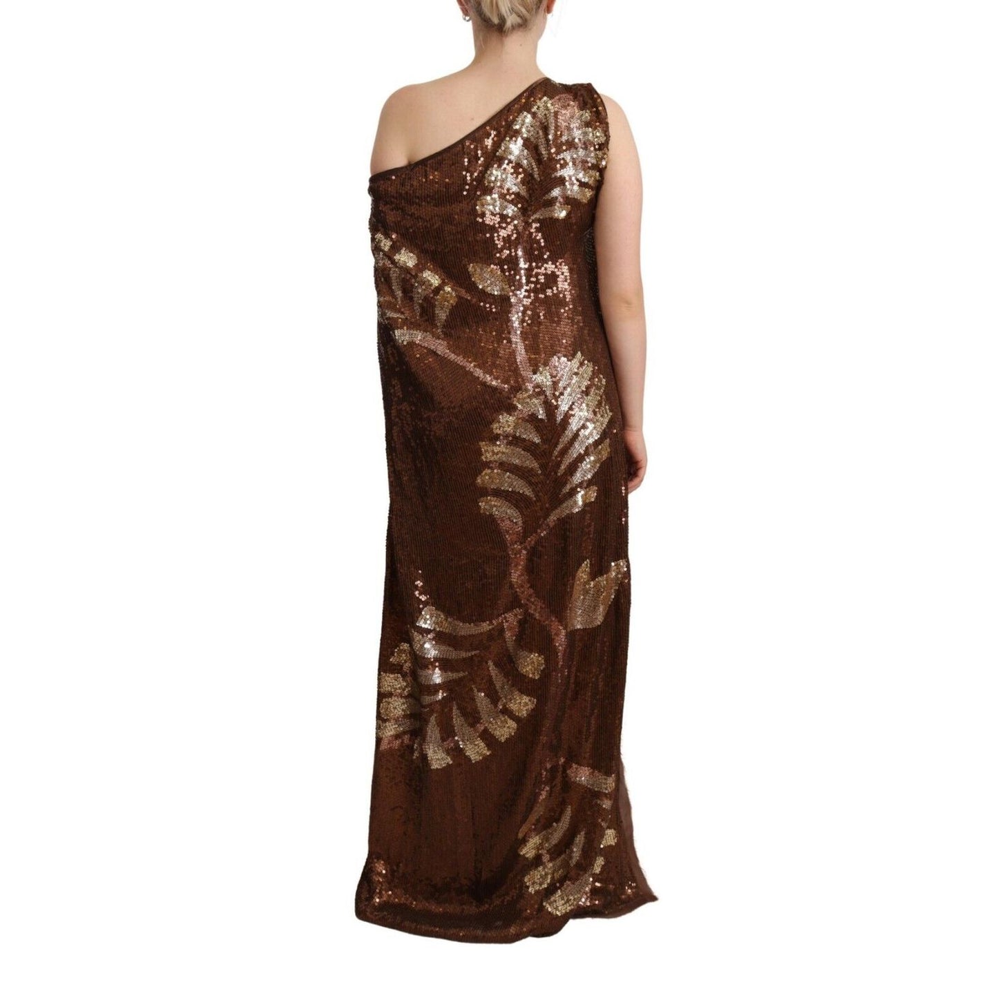 Dsquared² Brown Leaf Sequined Shift One Shoulder Long Dress