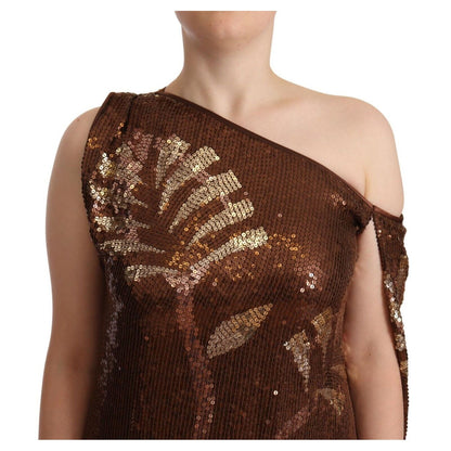 Dsquared² Brown Leaf Sequined Shift One Shoulder Long Dress